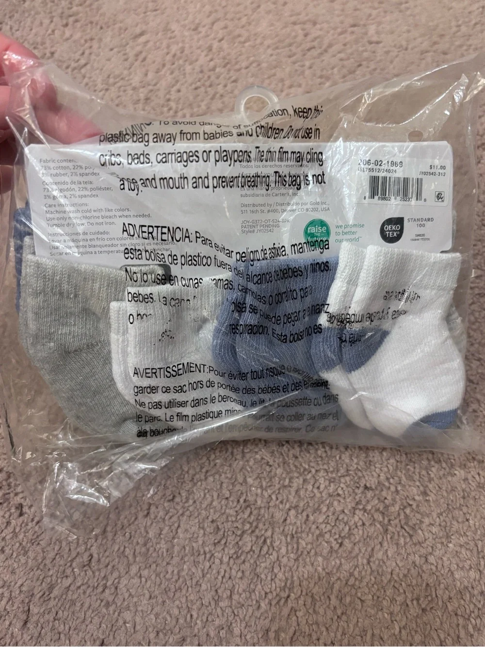 Carter’s Blue, Gray and White Boys' Ankle Socks 8-Pack